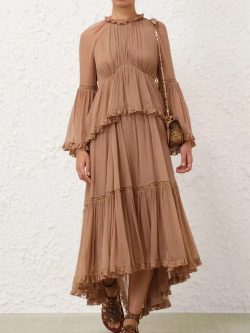 NWT New ZIMMERMANN Hypnotic Peplum Flutter Tiered Midi Dress in Biscuit Size 0 - Picture 10 of 13
